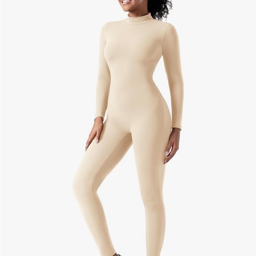 Beige Long-Sleeve Full Bodysuit Jumpsuit